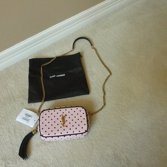 SAINT LAURENT YSL Mini 'Lou' Logo Polka Dot Pattern Leather Crossbody Bag (Pink) - Picture 1 of 12